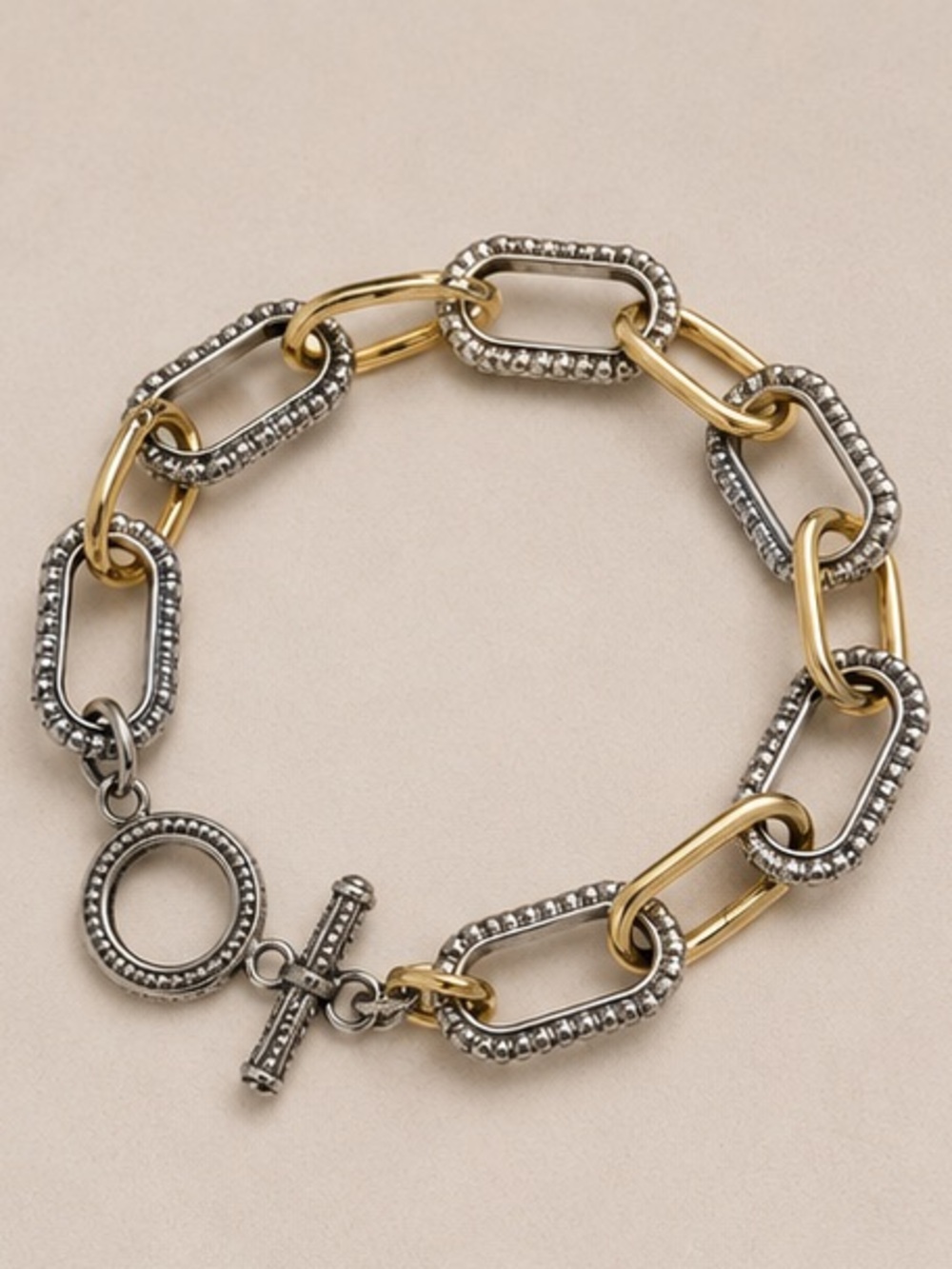 Two-Tone Gold & Silver Beaded Link Toggle Bracelet